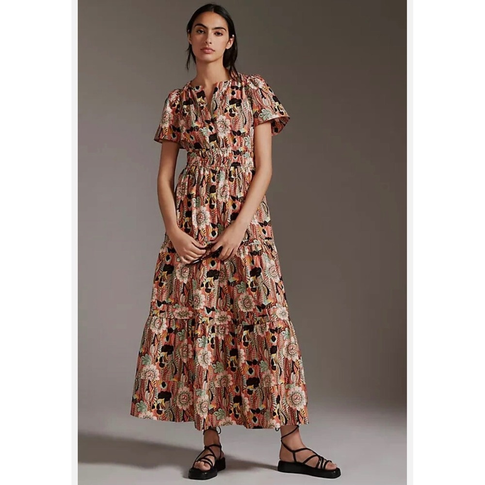 Anthropologie Floral Tiered Maxi Dress XS Coral Sage Boho Smocked V-Neck Pockets